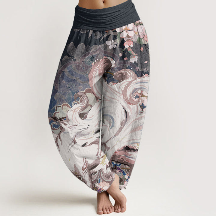 Buddha Stones Damen-Haremshose aus reiner Baumwolle mit Fuchs-Kirschblüten und elastischer Taille