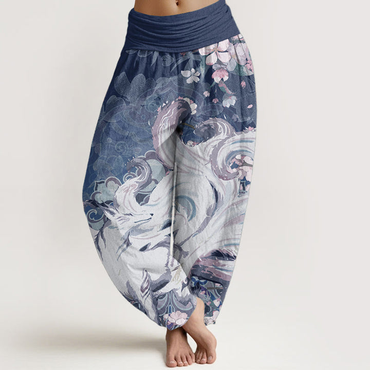 Buddha Stones Damen-Haremshose aus reiner Baumwolle mit Fuchs-Kirschblüten und elastischer Taille