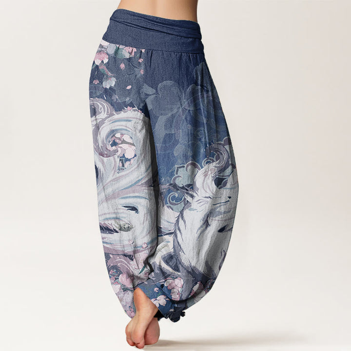 Buddha Stones Damen-Haremshose aus reiner Baumwolle mit Fuchs-Kirschblüten und elastischer Taille