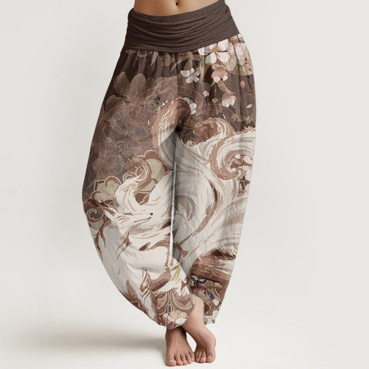 Buddha Stones Damen-Haremshose aus reiner Baumwolle mit Fuchs-Kirschblüten und elastischer Taille