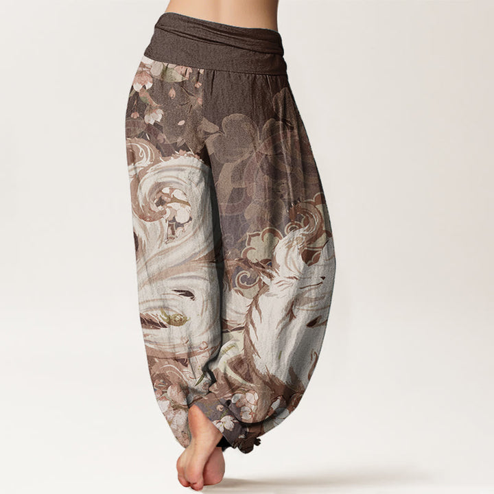 Buddha Stones Damen-Haremshose aus reiner Baumwolle mit Fuchs-Kirschblüten und elastischer Taille