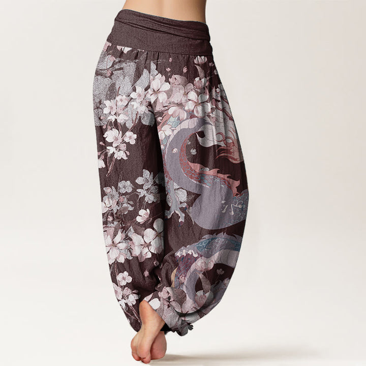 Buddha Stones Damen-Haremshose aus reiner Baumwolle mit elastischer Taille und Drachen-Kirschblüten