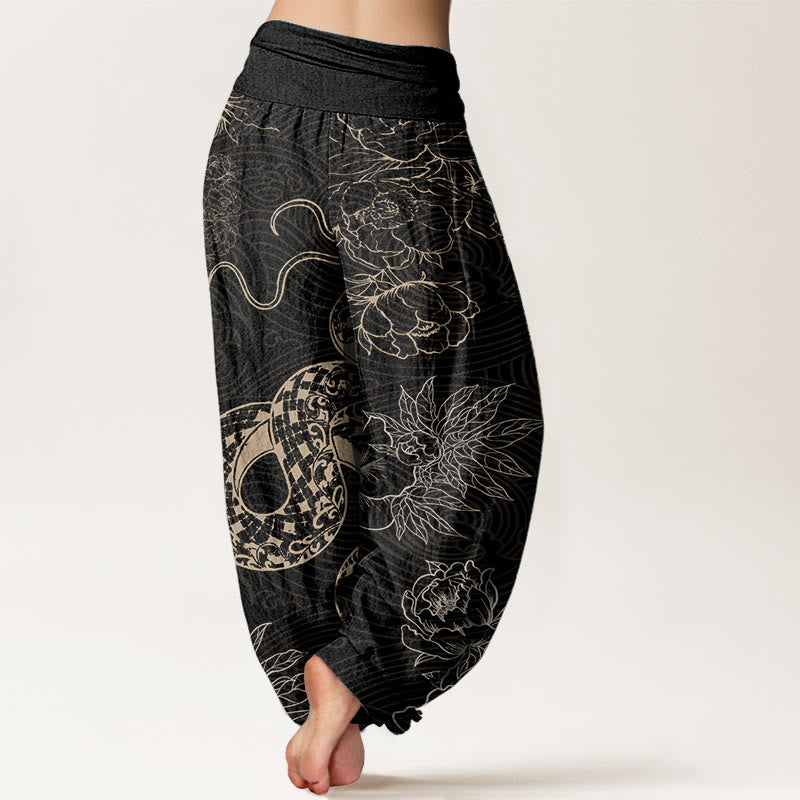 Buddha Stones Damen Haremshose aus reiner Baumwolle mit Schlangen-Lotus-Motiv, elastische Taille