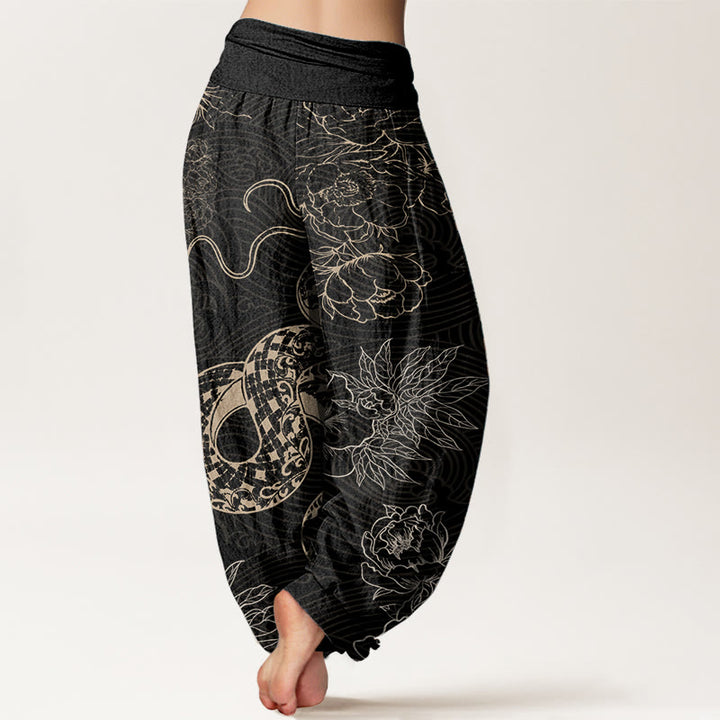 Buddha Stones Damen Haremshose aus reiner Baumwolle mit Schlangen-Lotus-Motiv, elastische Taille