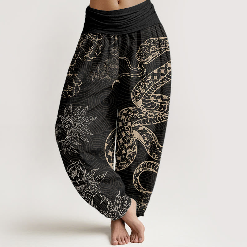 Buddha Stones Damen Haremshose aus reiner Baumwolle mit Schlangen-Lotus-Motiv, elastische Taille - Schwarz - US22, UK/AU26, EU54 (6XL) - image 0