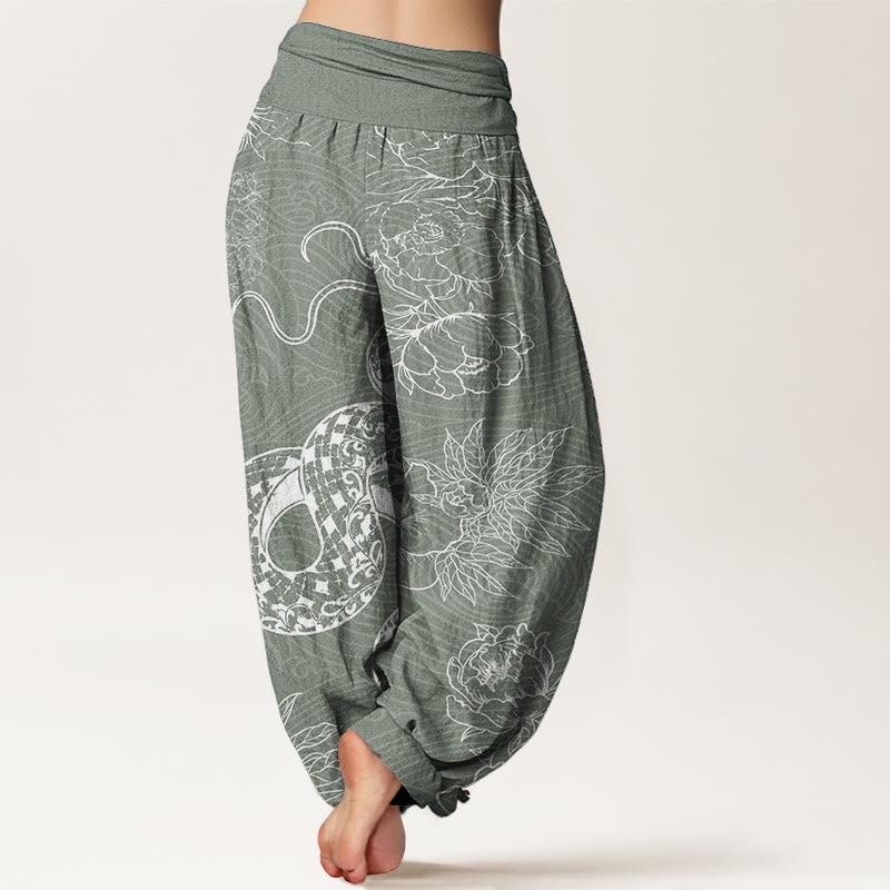 Buddha Stones Damen Haremshose aus reiner Baumwolle mit Schlangen-Lotus-Motiv, elastische Taille