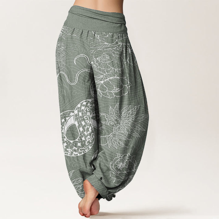 Buddha Stones Damen Haremshose aus reiner Baumwolle mit Schlangen-Lotus-Motiv, elastische Taille