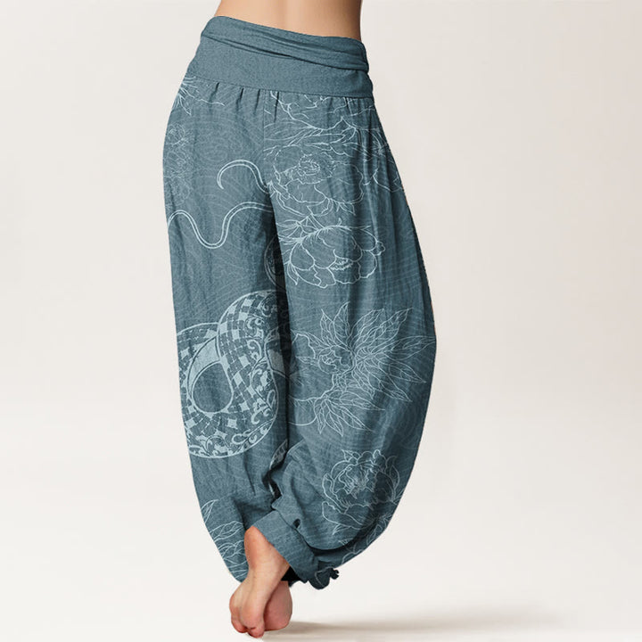 Buddha Stones Damen Haremshose aus reiner Baumwolle mit Schlangen-Lotus-Motiv, elastische Taille