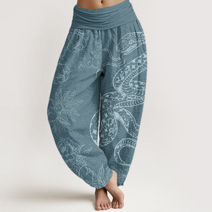 Buddha Stones Damen Haremshose aus reiner Baumwolle mit Schlangen-Lotus-Motiv, elastische Taille