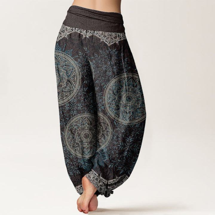 Buddha Stones Damen-Haremshose aus reiner Baumwolle mit Mandala-Muster und Blättern und elastischer Taille