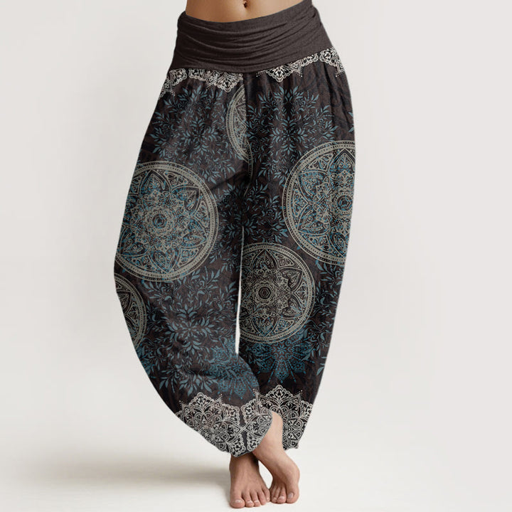 Buddha Stones Damen-Haremshose aus reiner Baumwolle mit Mandala-Muster und Blättern und elastischer Taille