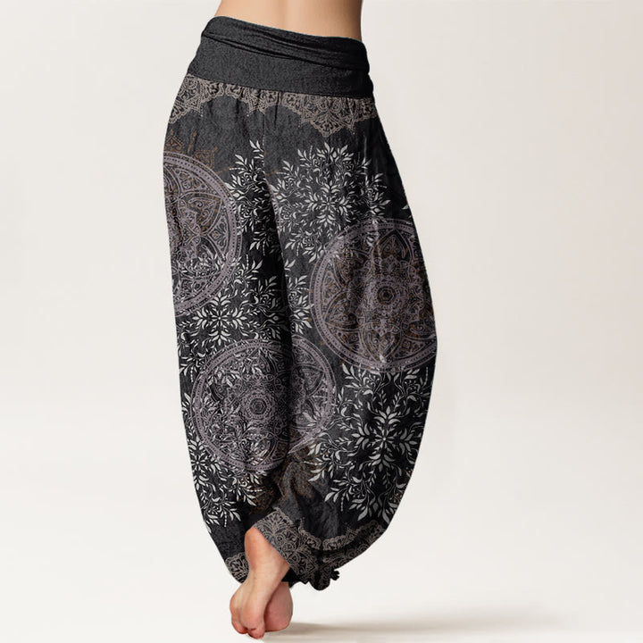 Buddha Stones Damen-Haremshose aus reiner Baumwolle mit Mandala-Muster und Blättern und elastischer Taille