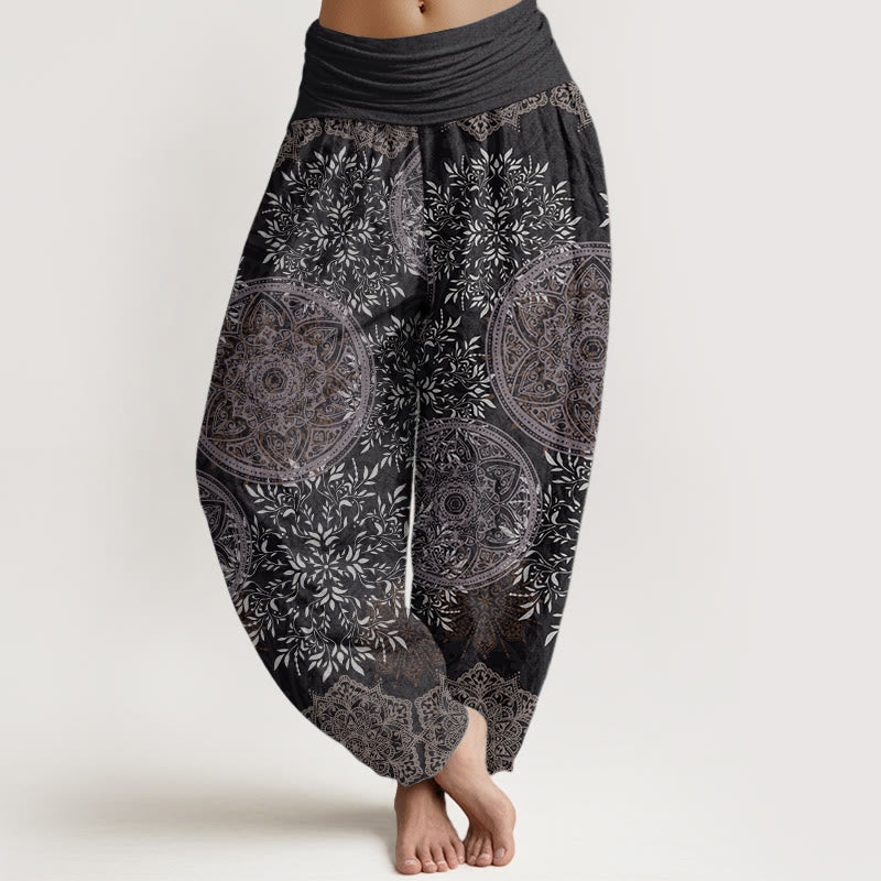 Buddha Stones Damen-Haremshose aus reiner Baumwolle mit Mandala-Muster und Blättern und elastischer Taille