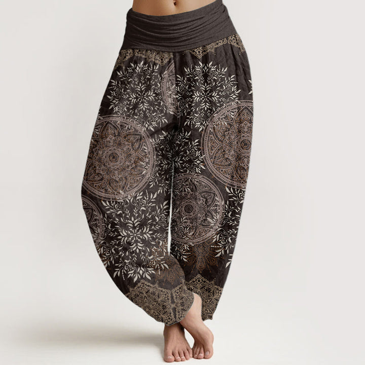 Buddha Stones Damen-Haremshose aus reiner Baumwolle mit Mandala-Muster und Blättern und elastischer Taille