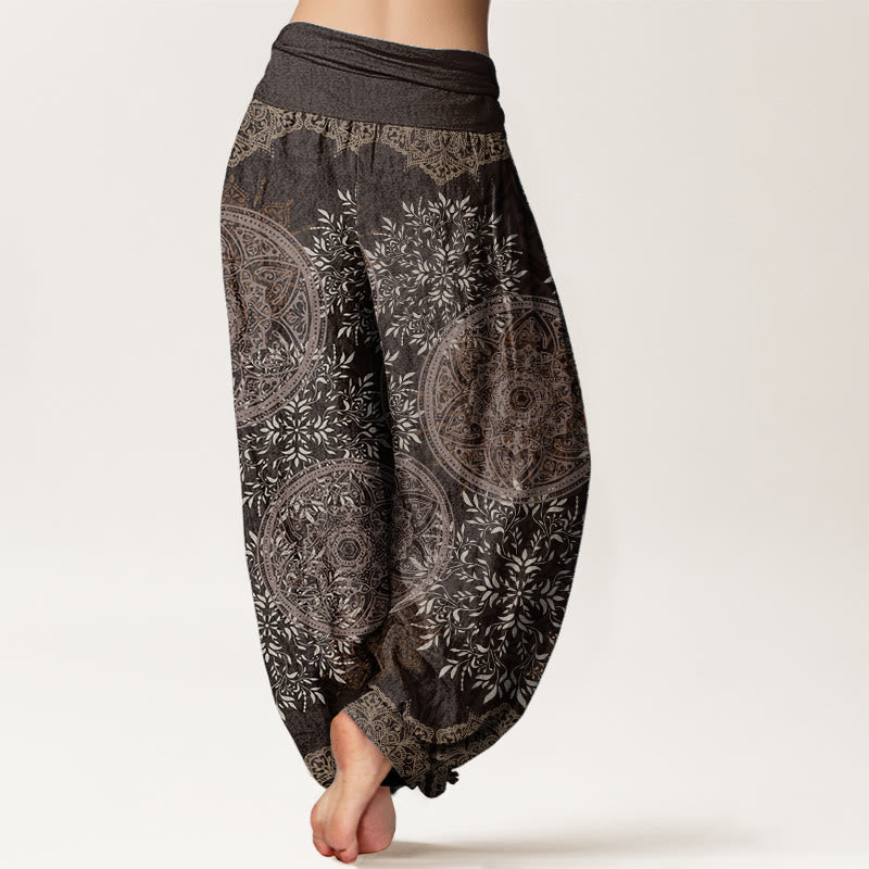 Buddha Stones Damen-Haremshose aus reiner Baumwolle mit Mandala-Muster und Blättern und elastischer Taille