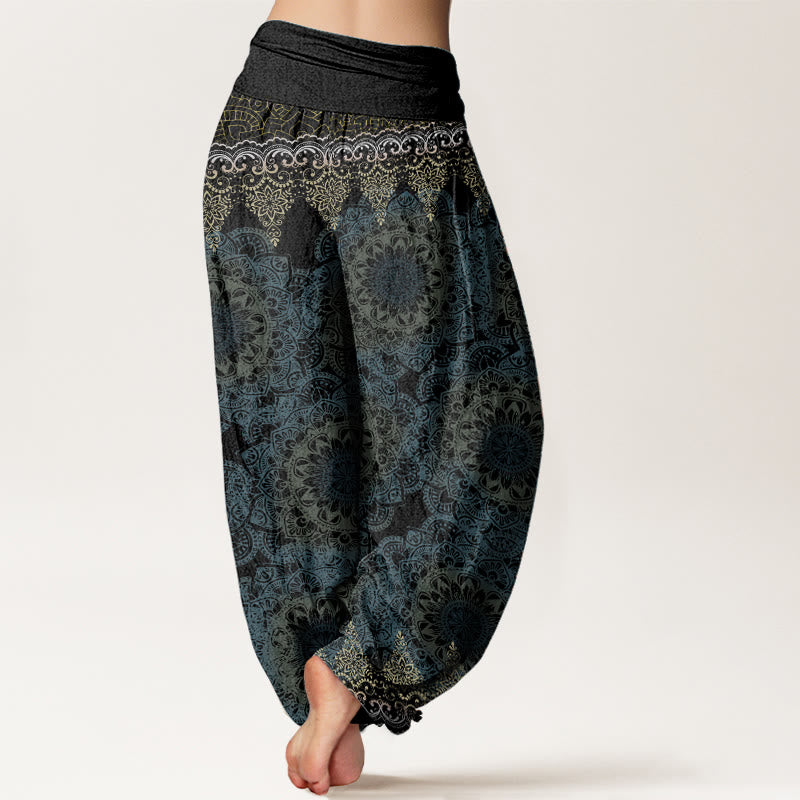 Buddha Stones Haremshose aus reiner Baumwolle mit dreieckigem Mandala-Muster für Damen, elastische Taille