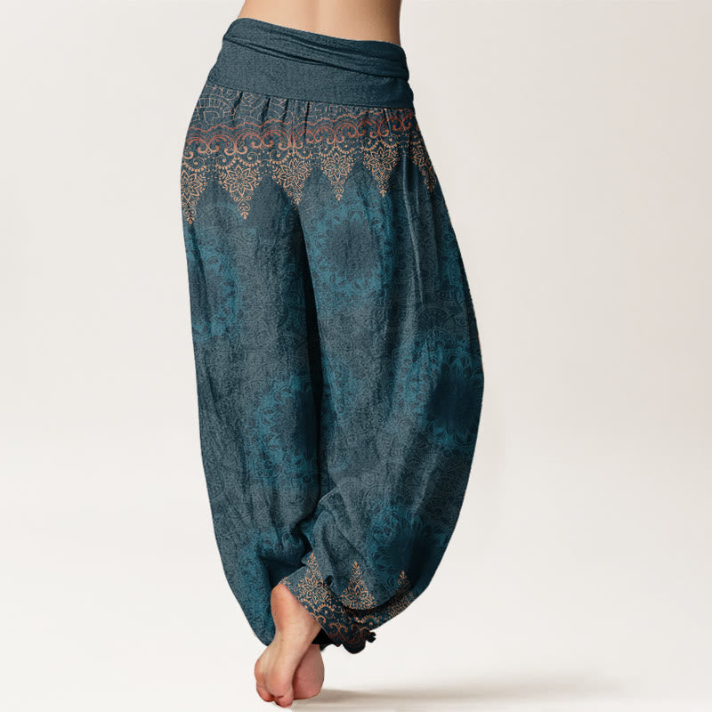 Buddha Stones Haremshose aus reiner Baumwolle mit dreieckigem Mandala-Muster für Damen, elastische Taille