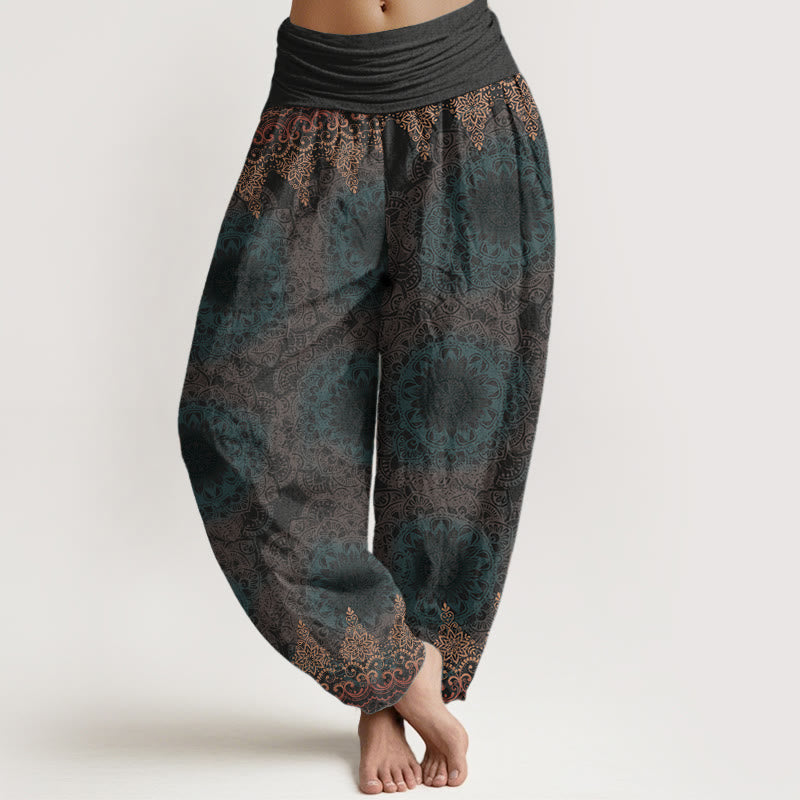 Buddha Stones Haremshose aus reiner Baumwolle mit dreieckigem Mandala-Muster für Damen, elastische Taille