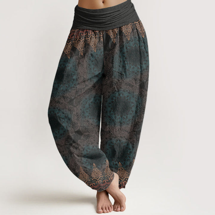Buddha Stones Haremshose aus reiner Baumwolle mit dreieckigem Mandala-Muster für Damen, elastische Taille