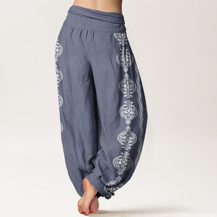 Buddha Stones Damen-Haremshose aus reiner Baumwolle mit Mandala-Motiv „Om Mani Padme Hum“ und elastischer Taille