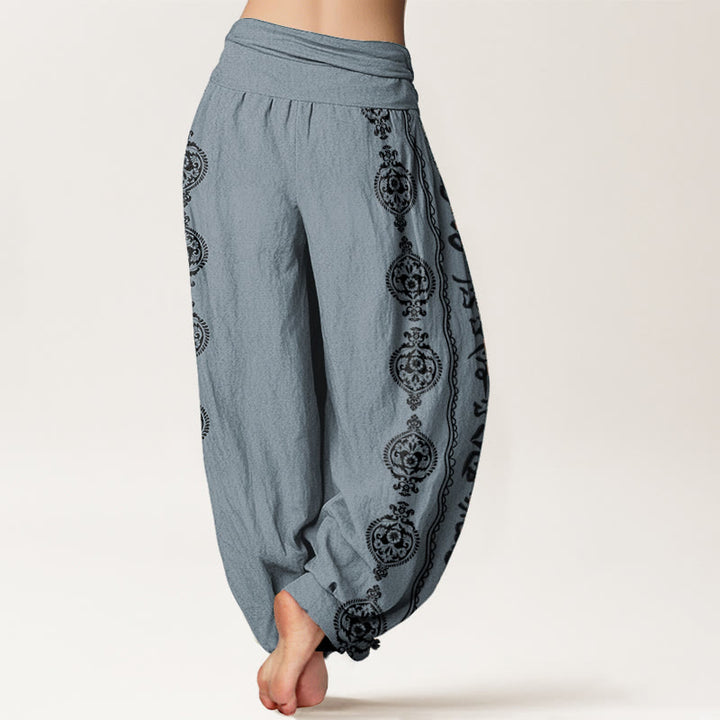 Buddha Stones Damen-Haremshose aus reiner Baumwolle mit Mandala-Motiv „Om Mani Padme Hum“ und elastischer Taille