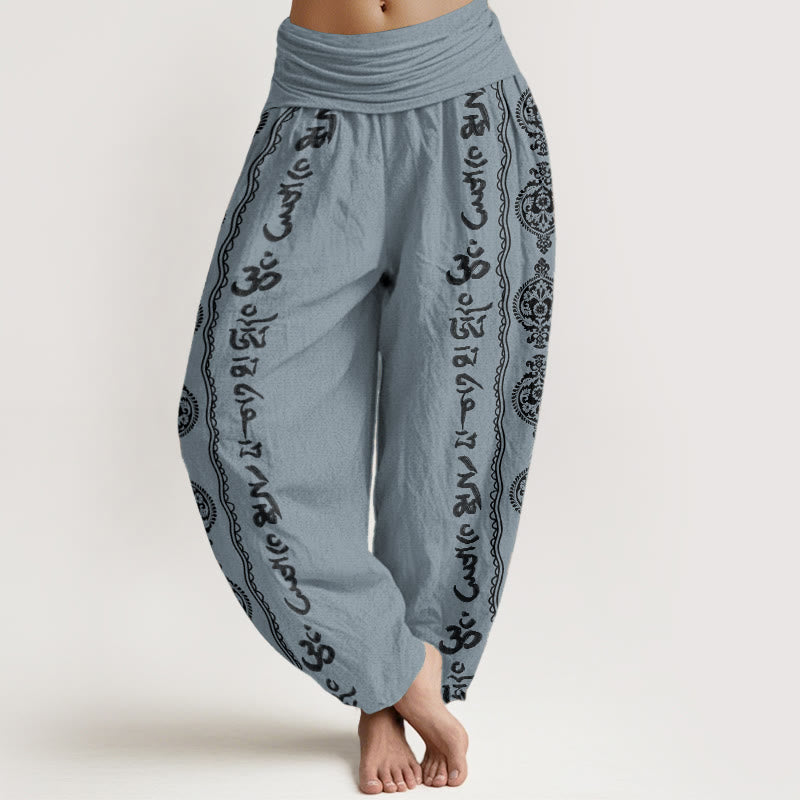 Buddha Stones Damen-Haremshose aus reiner Baumwolle mit Mandala-Motiv „Om Mani Padme Hum“ und elastischer Taille