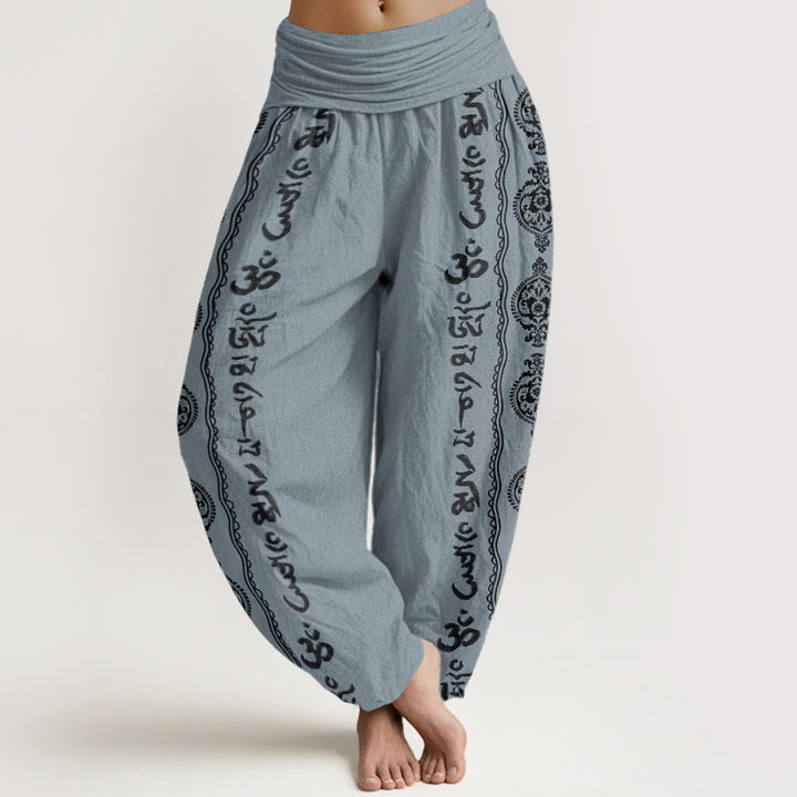 Buddha Stones Damen-Haremshose aus reiner Baumwolle mit Mandala-Motiv „Om Mani Padme Hum“ und elastischer Taille