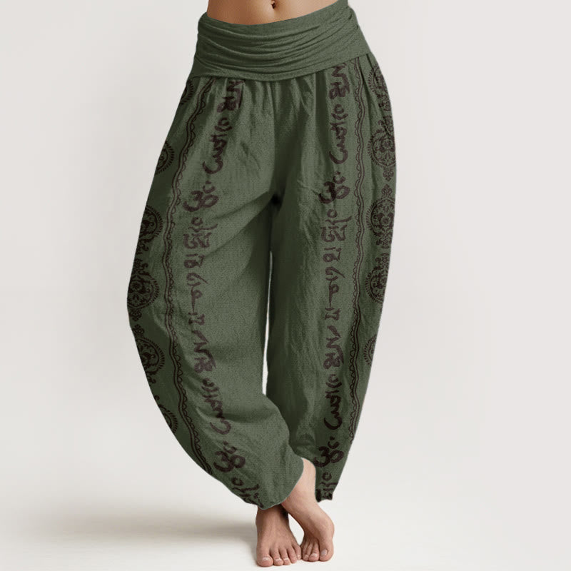 Buddha Stones Damen-Haremshose aus reiner Baumwolle mit Mandala-Motiv „Om Mani Padme Hum“ und elastischer Taille