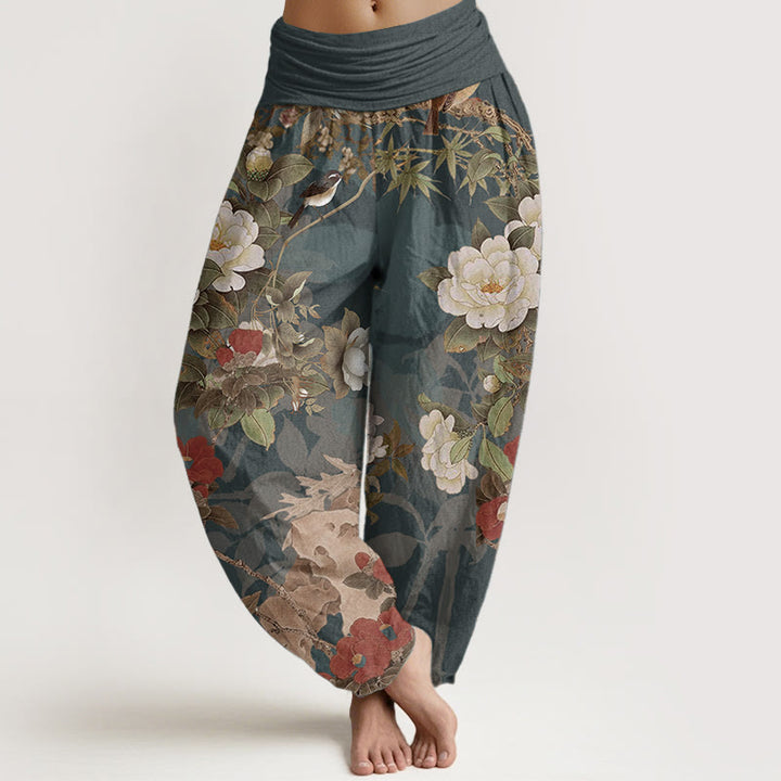 Buddha Stones Damen-Haremshose aus reiner Baumwolle mit elastischer Taille und Pfingstrosen-Blumen-Blättern