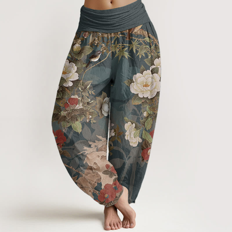 Buddha Stones Damen-Haremshose aus reiner Baumwolle mit elastischer Taille und Pfingstrosen-Blumen-Blättern - Türkis - US22, UK/AU26, EU54 (6XL) - image 0