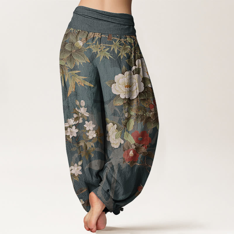 Buddha Stones Damen-Haremshose aus reiner Baumwolle mit elastischer Taille und Pfingstrosen-Blumen-Blättern