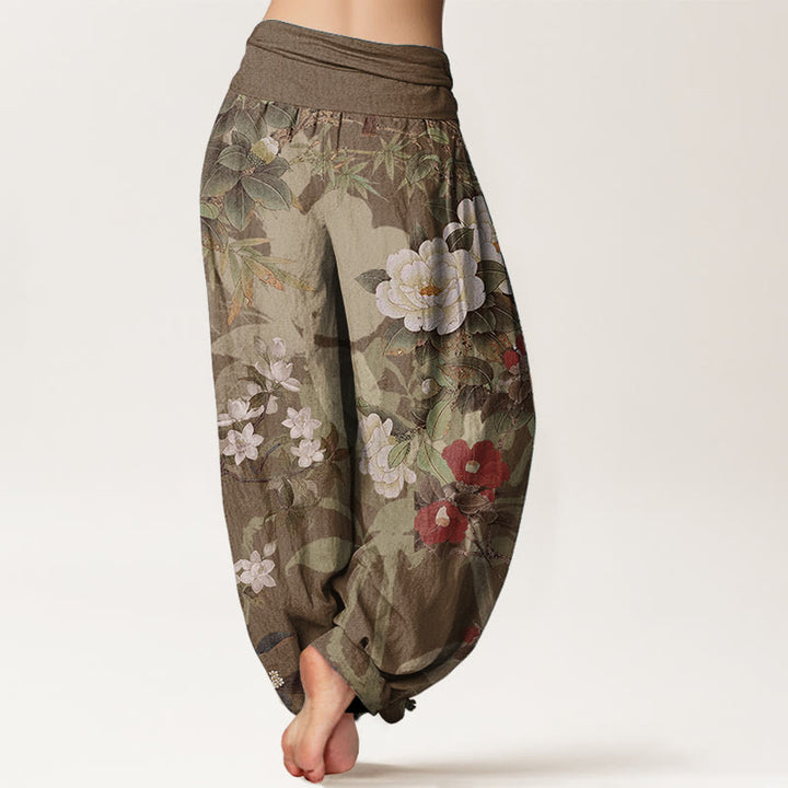 Buddha Stones Damen-Haremshose aus reiner Baumwolle mit elastischer Taille und Pfingstrosen-Blumen-Blättern