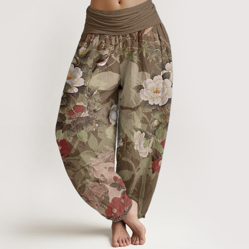 Buddha Stones Damen-Haremshose aus reiner Baumwolle mit elastischer Taille und Pfingstrosen-Blumen-Blättern