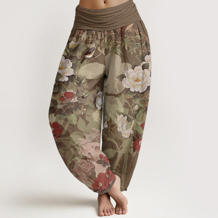 Buddha Stones Damen-Haremshose aus reiner Baumwolle mit elastischer Taille und Pfingstrosen-Blumen-Blättern