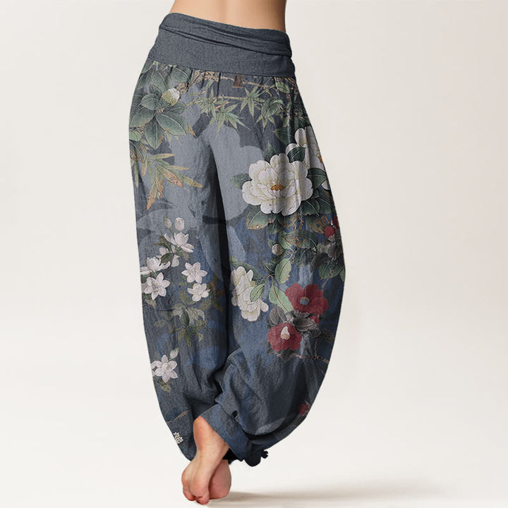 Buddha Stones Damen-Haremshose aus reiner Baumwolle mit elastischer Taille und Pfingstrosen-Blumen-Blättern - image 10