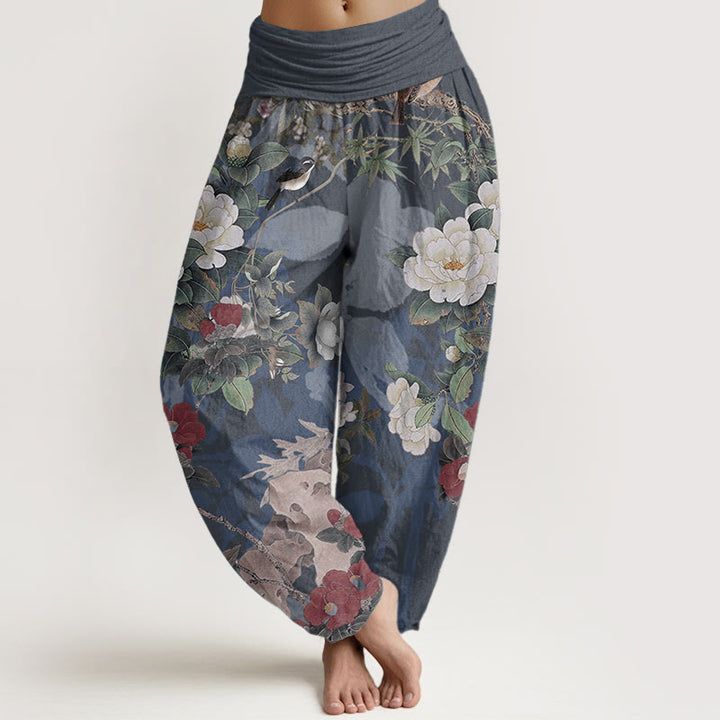 Buddha Stones Damen-Haremshose aus reiner Baumwolle mit elastischer Taille und Pfingstrosen-Blumen-Blättern - SteelBlue - US22, UK/AU26, EU54 (6XL) - image 8