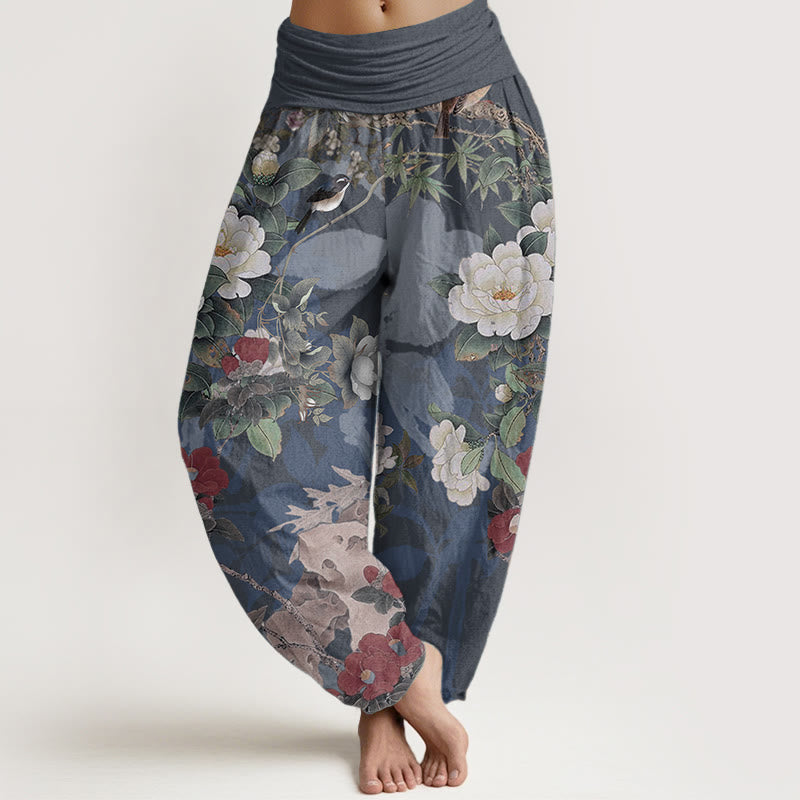 Buddha Stones Damen-Haremshose aus reiner Baumwolle mit elastischer Taille und Pfingstrosen-Blumen-Blättern