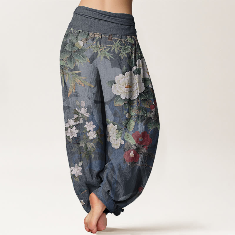Buddha Stones Damen-Haremshose aus reiner Baumwolle mit elastischer Taille und Pfingstrosen-Blumen-Blättern - image 10