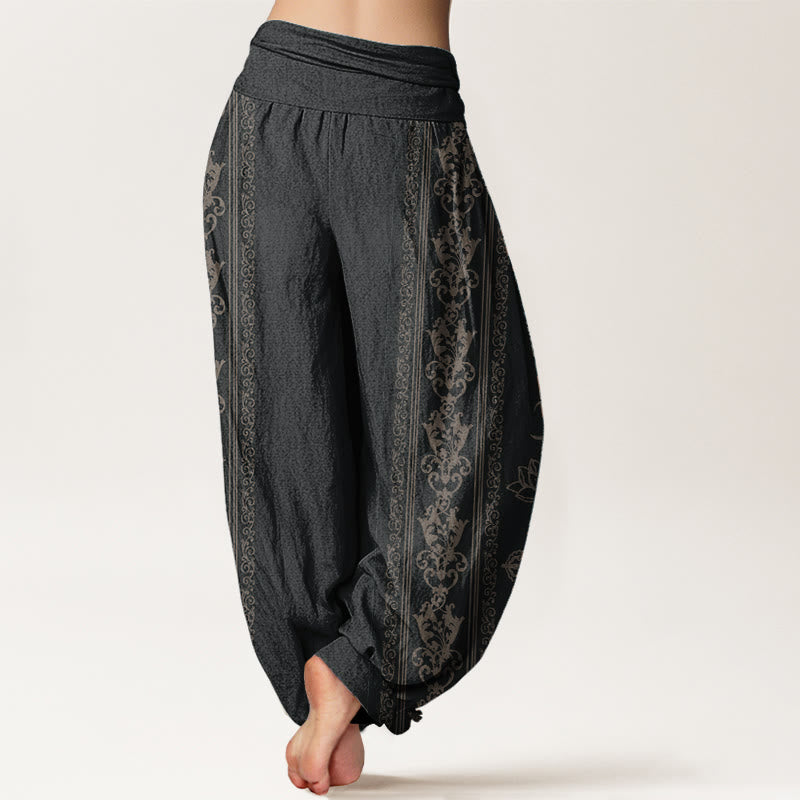 Haremshose für Damen mit elastischer Taille, Buddha Stones, reine Baumwolle, Lotusblumen, doppeltes Dorje-Vajra-Namaste-Om-Design