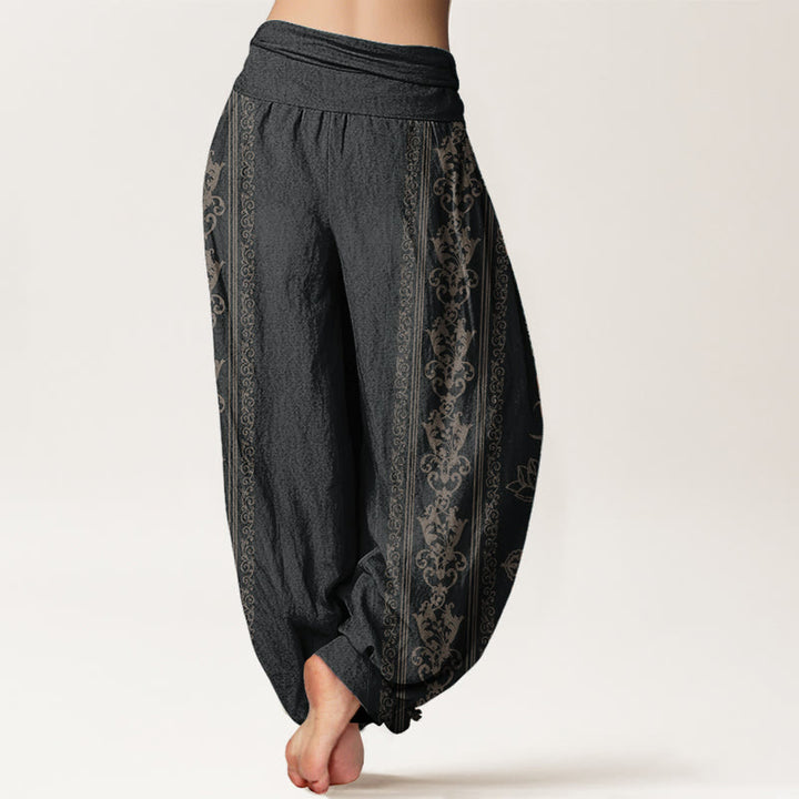 Haremshose für Damen mit elastischer Taille, Buddha Stones, reine Baumwolle, Lotusblumen, doppeltes Dorje-Vajra-Namaste-Om-Design