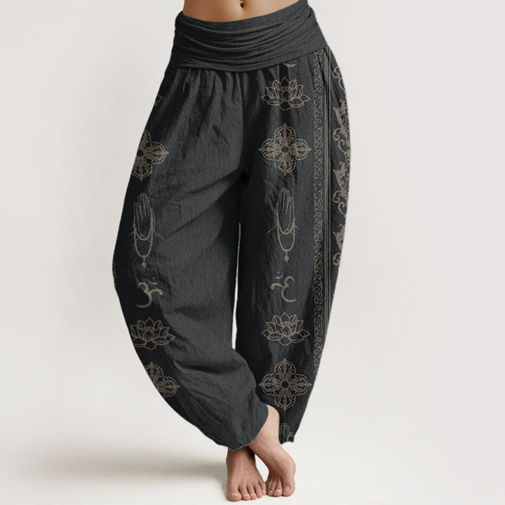 Haremshose für Damen mit elastischer Taille, Buddha Stones, reine Baumwolle, Lotusblumen, doppeltes Dorje-Vajra-Namaste-Om-Design - Schwarz - US22, UK/AU26, EU54 (6XL) - image 0