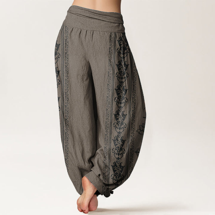 Haremshose für Damen mit elastischer Taille, Buddha Stones, reine Baumwolle, Lotusblumen, doppeltes Dorje-Vajra-Namaste-Om-Design