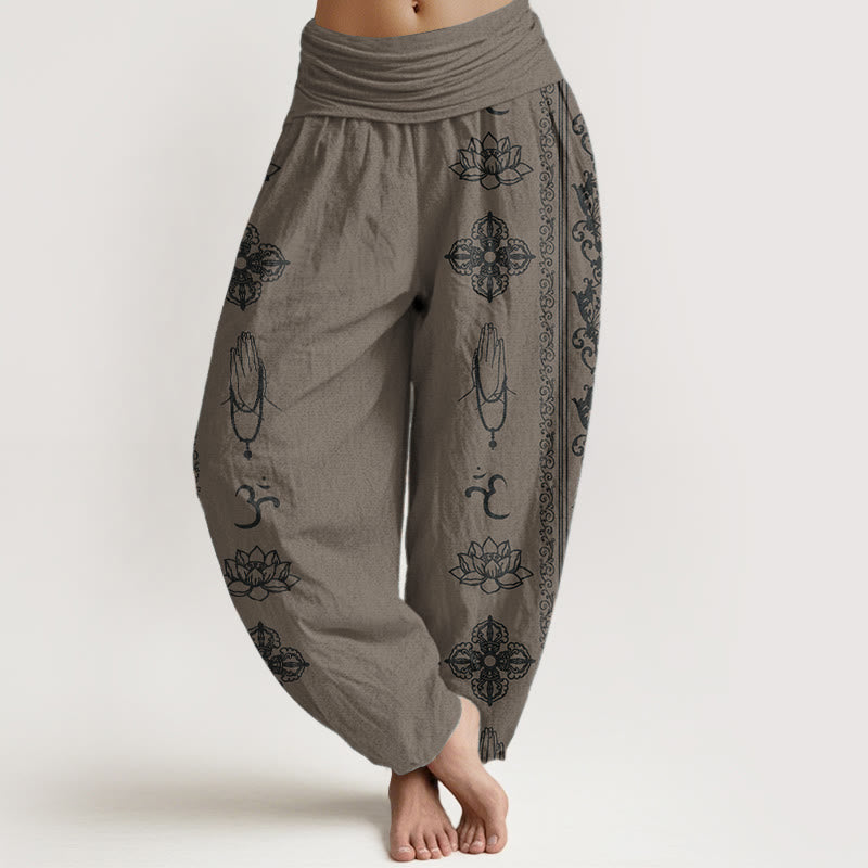 Haremshose für Damen mit elastischer Taille, Buddha Stones, reine Baumwolle, Lotusblumen, doppeltes Dorje-Vajra-Namaste-Om-Design - Dunkelkhaki - US22, UK/AU26, EU54 (6XL) - image 17