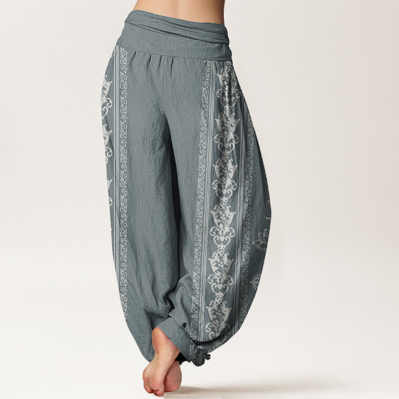 Haremshose für Damen mit elastischer Taille, Buddha Stones, reine Baumwolle, Lotusblumen, doppeltes Dorje-Vajra-Namaste-Om-Design