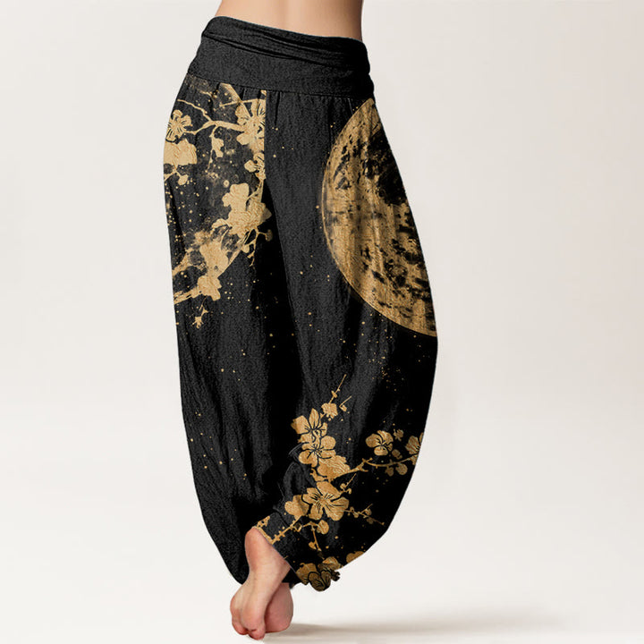 Buddha Stones Damen-Haremshose aus reiner Baumwolle mit goldenem Pflaumenblüten-Vollmond-Muster und elastischer Taille