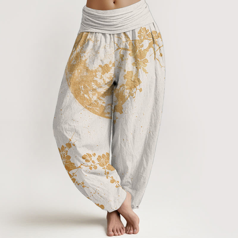 Buddha Stones Damen-Haremshose aus reiner Baumwolle mit goldenem Pflaumenblüten-Vollmond-Muster und elastischer Taille
