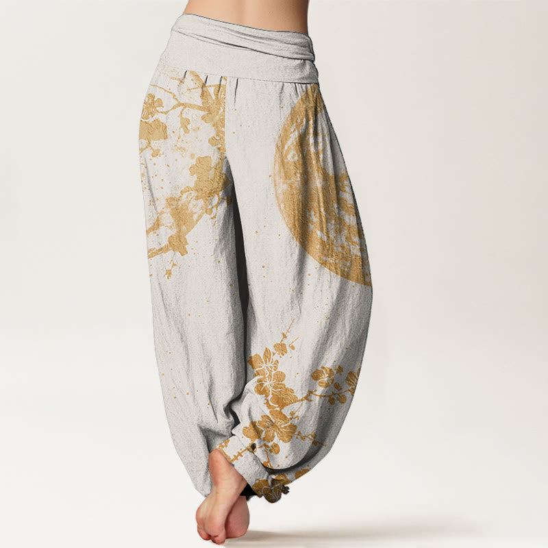 Buddha Stones Damen-Haremshose aus reiner Baumwolle mit goldenem Pflaumenblüten-Vollmond-Muster und elastischer Taille
