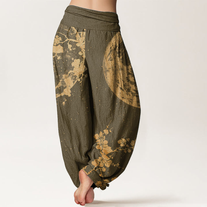 Buddha Stones Damen-Haremshose aus reiner Baumwolle mit goldenem Pflaumenblüten-Vollmond-Muster und elastischer Taille