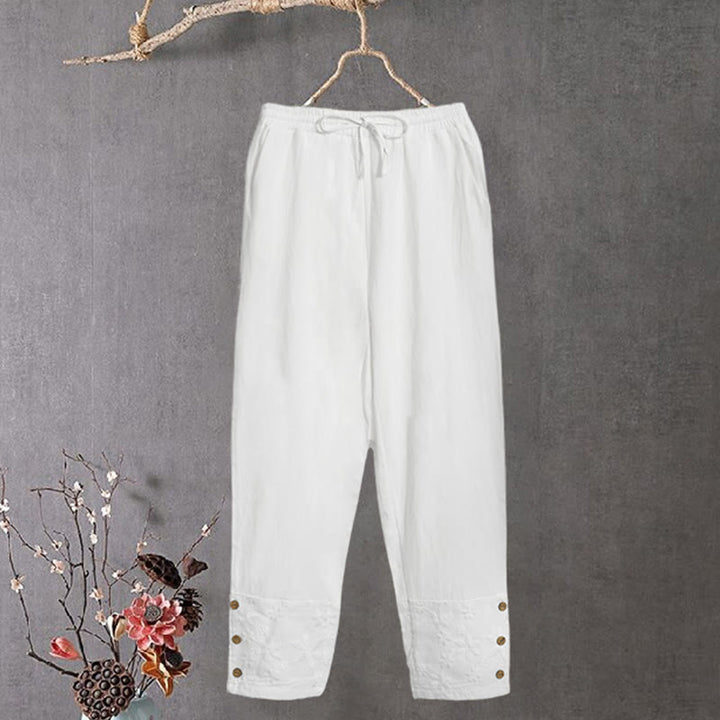Buddha Stones Weiße Spitze Patchwork Design Damen Baumwoll-Leinen-Hose mit Taschen