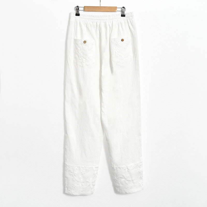 Buddha Stones Weiße Spitze Patchwork Design Damen Baumwoll-Leinen-Hose mit Taschen - image 6